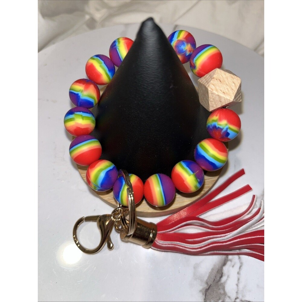 Silicone Beaded Wristlet Keychain Bracelet Tassel Key Ring Holder